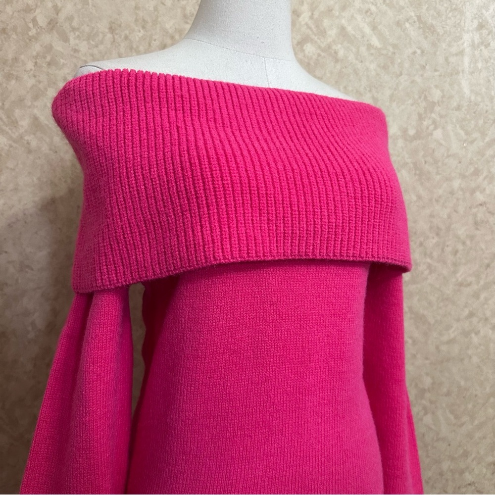 Hot Pink Fold Over Flare Sleeve Chunky Knit Sweater - Picture 2 of 7